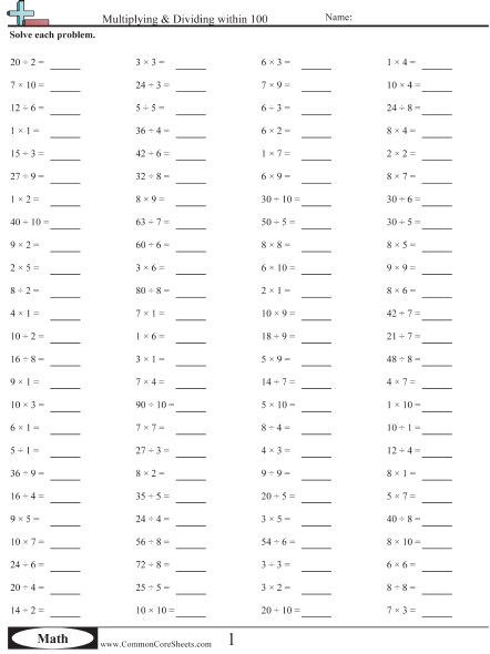 3.oa.7 Worksheets - Multiplication & Division Drills worksheet